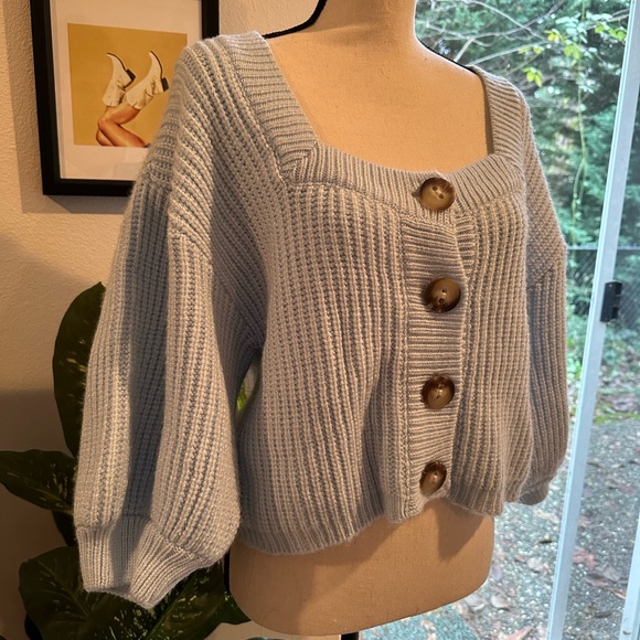 ASOS Design Light Blue Square Neck Volume Sleeve Button Front Sweater - Picture 6 of 7